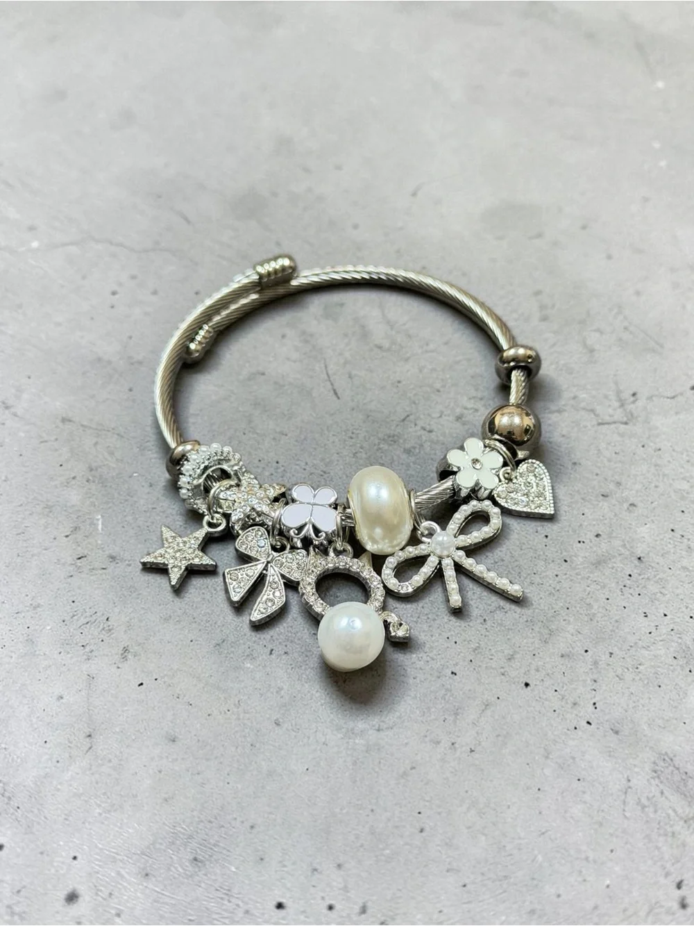 Silver Pearl & Crystal Charm Twisted Bangle Bracelet